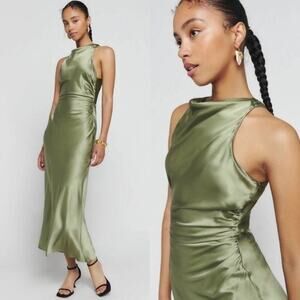 Reformation Olive Satin Midi Dress